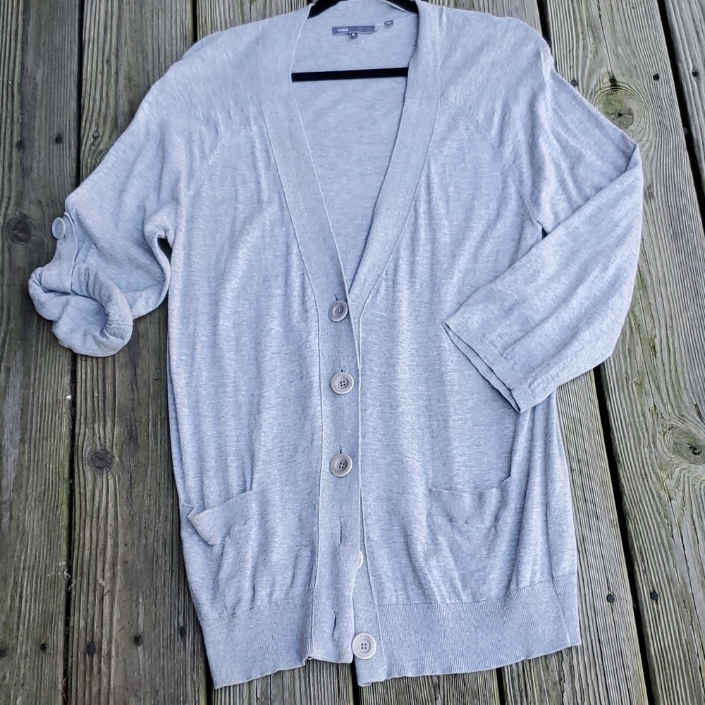 Vince  Cotton knit Cardigan button front pockets roll sleeve EUC